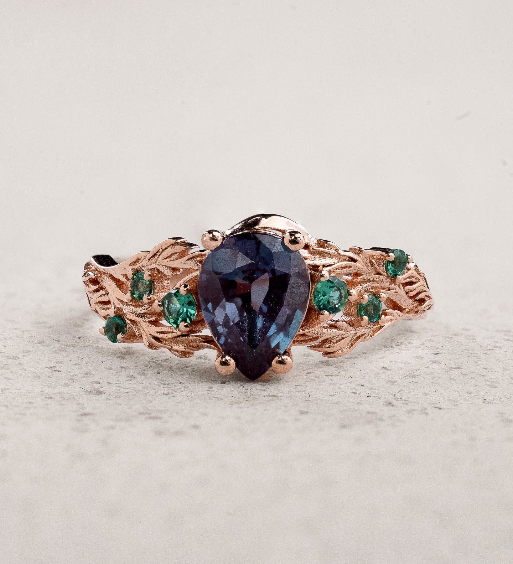 Сolor-Сhanging Alexandrite Engagement Ring with Accent Emeralds / Japanese Maple - Eden Garden Jewelry™