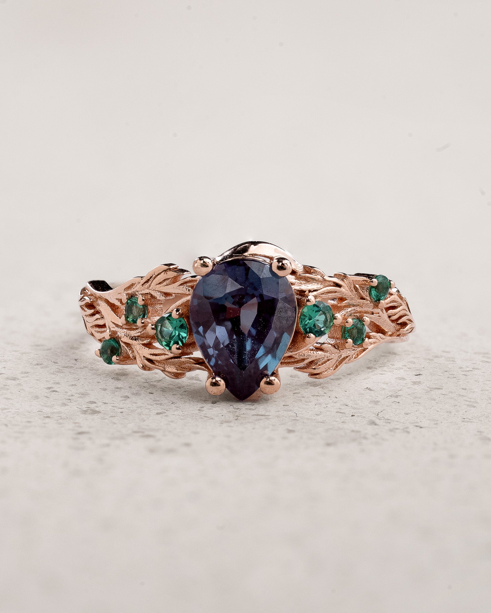 Сolor-Сhanging Alexandrite Engagement Ring with Accent Emeralds / Japanese Maple - Eden Garden Jewelry™