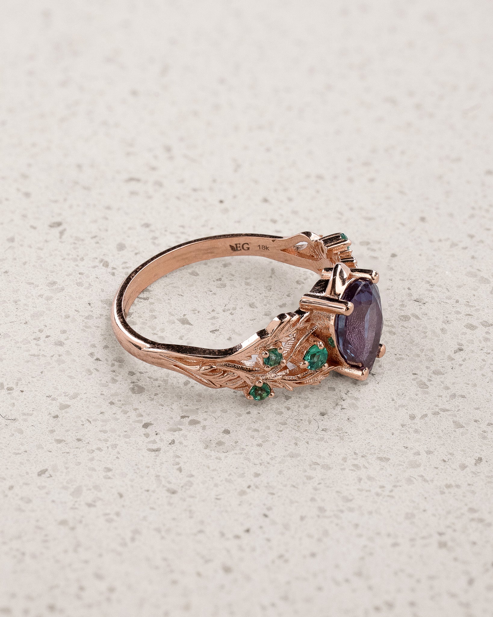 Сolor-Сhanging Alexandrite Engagement Ring with Accent Emeralds / Japanese Maple - Eden Garden Jewelry™