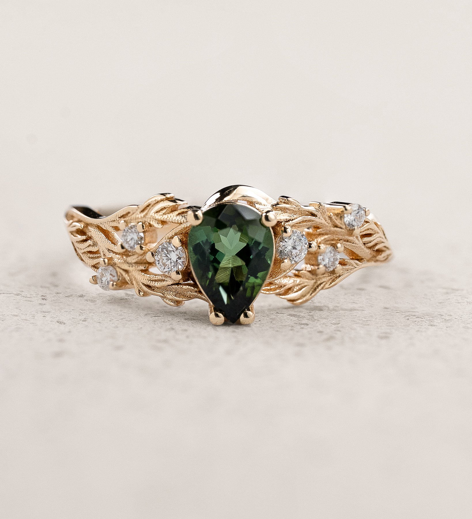 Engagement Ring with Pear-cut Green Tourmaline in Forest-Inspired Design / Japanese Maple - Eden Garden Jewelry™