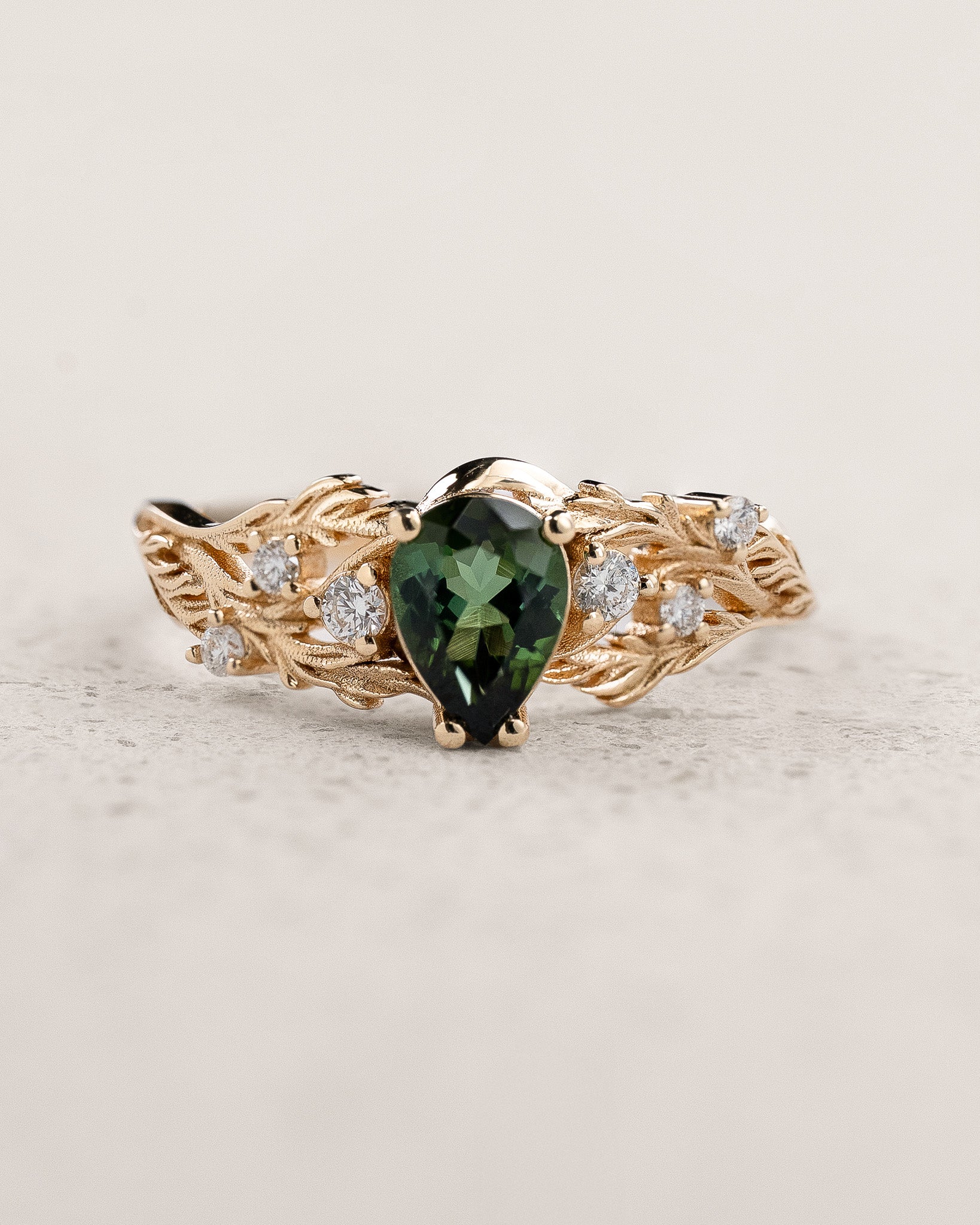 Engagement Ring with Pear-cut Green Tourmaline in Forest-Inspired Design / Japanese Maple - Eden Garden Jewelry™