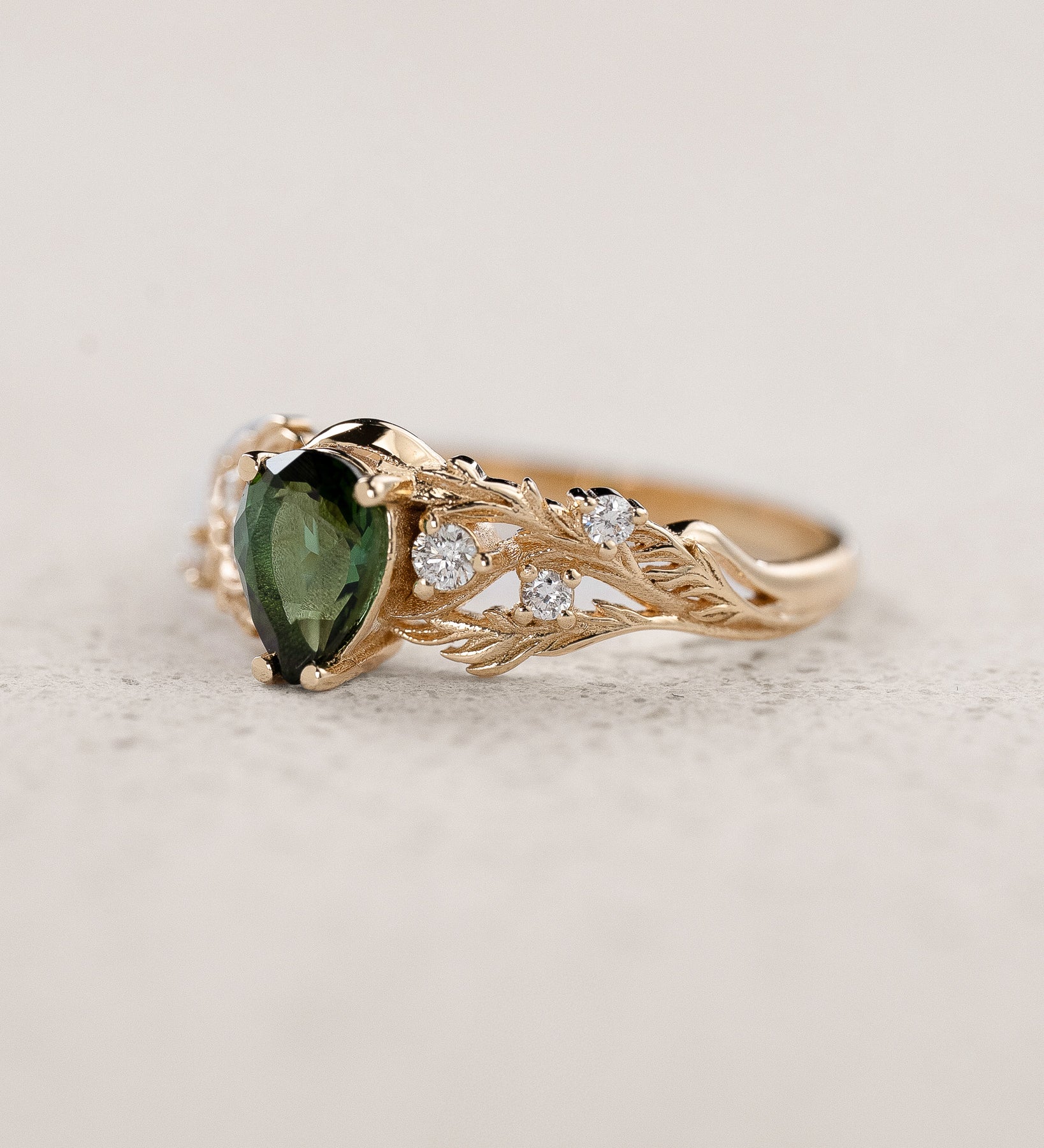 Engagement Ring with Pear-cut Green Tourmaline in Forest-Inspired Design / Japanese Maple - Eden Garden Jewelry™
