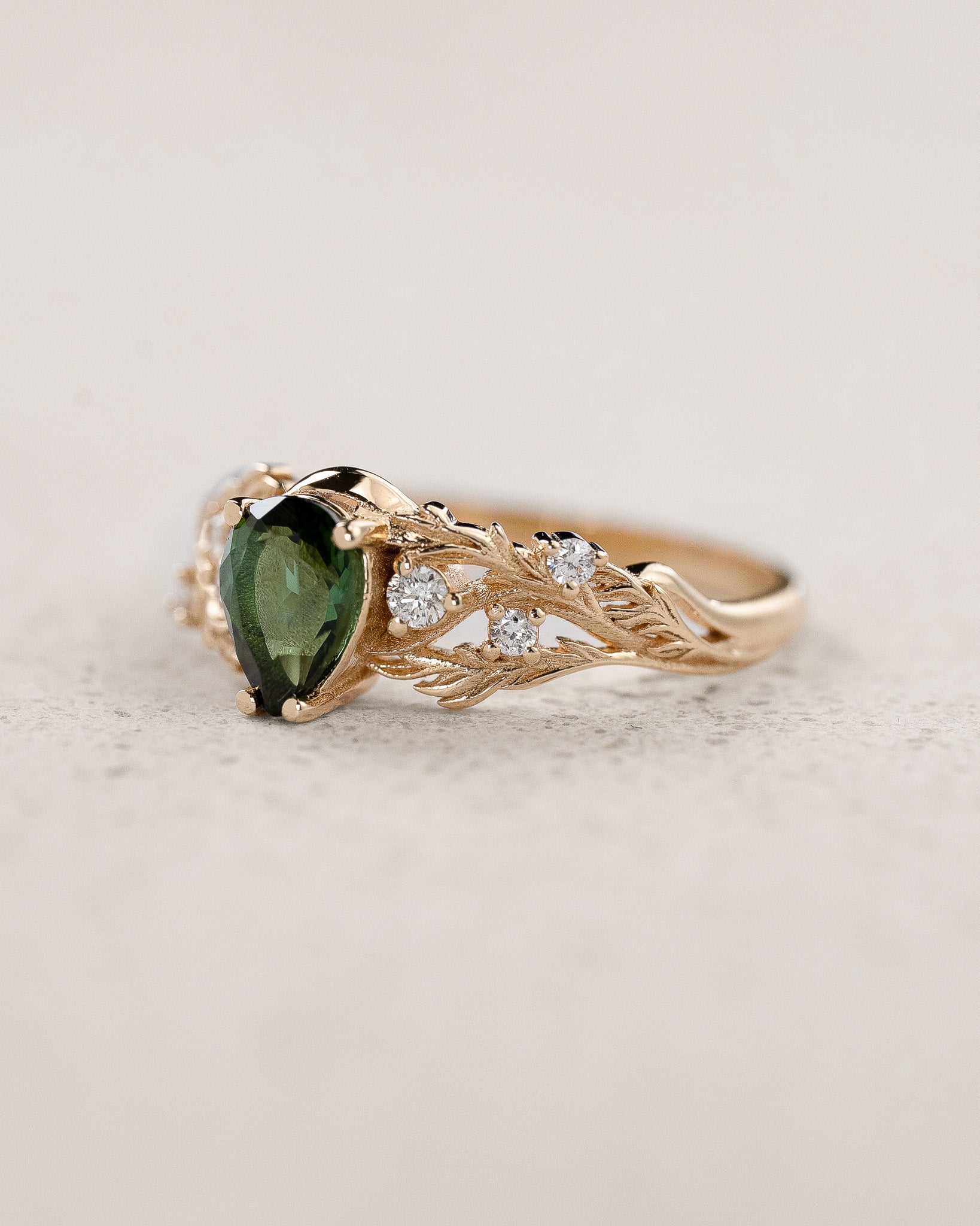 Engagement Ring with Pear-cut Green Tourmaline in Forest-Inspired Design / Japanese Maple - Eden Garden Jewelry™
