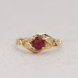 Engagement Ring with Round Ruby Embraced by Golden Leaves / Azalea - Eden Garden Jewelry™