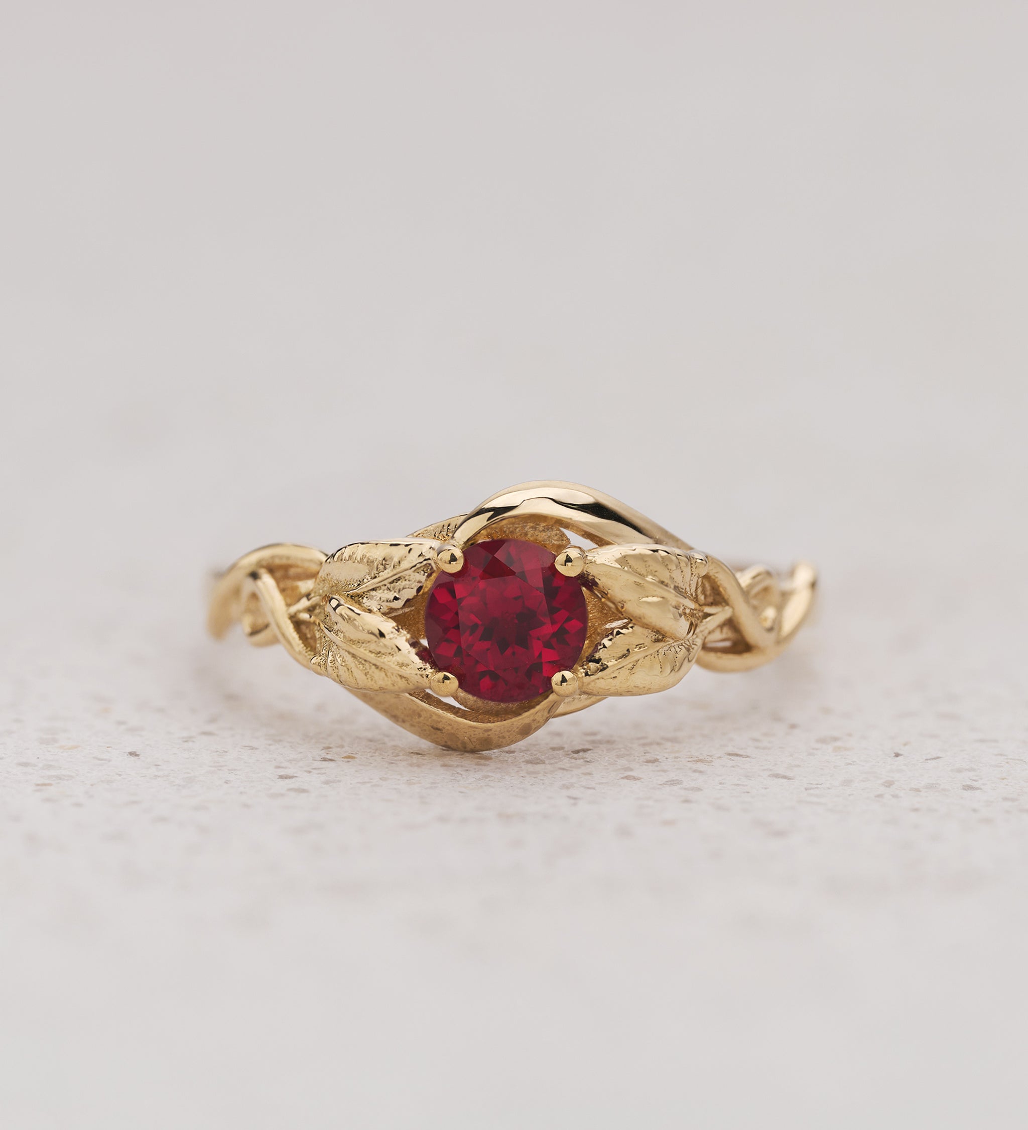 Engagement Ring with Round Ruby Embraced by Golden Leaves / Azalea - Eden Garden Jewelry™