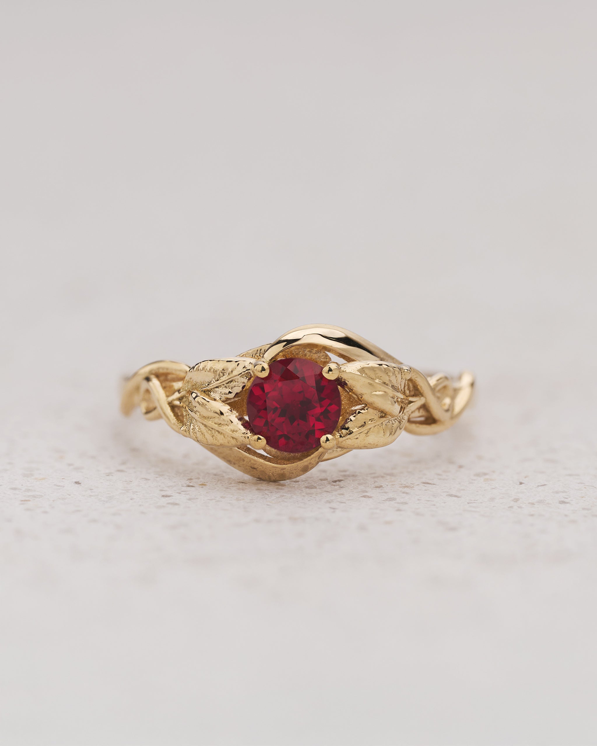 Engagement Ring with Round Ruby Embraced by Golden Leaves / Azalea - Eden Garden Jewelry™