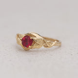 Engagement Ring with Round Ruby Embraced by Golden Leaves / Azalea - Eden Garden Jewelry™