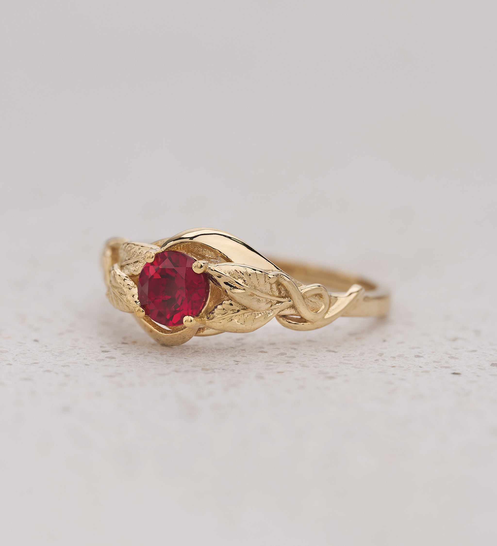 Engagement Ring with Round Ruby Embraced by Golden Leaves / Azalea - Eden Garden Jewelry™