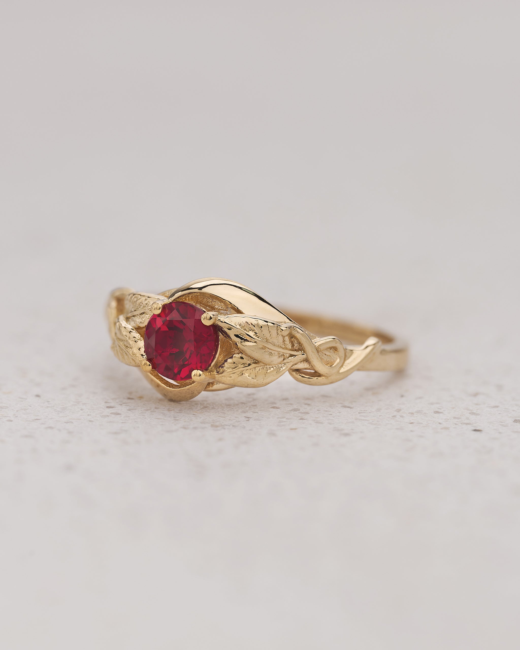 Engagement Ring with Round Ruby Embraced by Golden Leaves / Azalea - Eden Garden Jewelry™