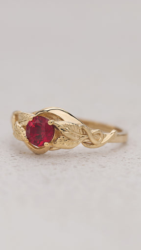 Engagement Ring with Round Ruby Embraced by Golden Leaves / Azalea - Eden Garden Jewelry™