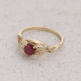 Engagement Ring with Round Ruby Embraced by Golden Leaves / Azalea - Eden Garden Jewelry™