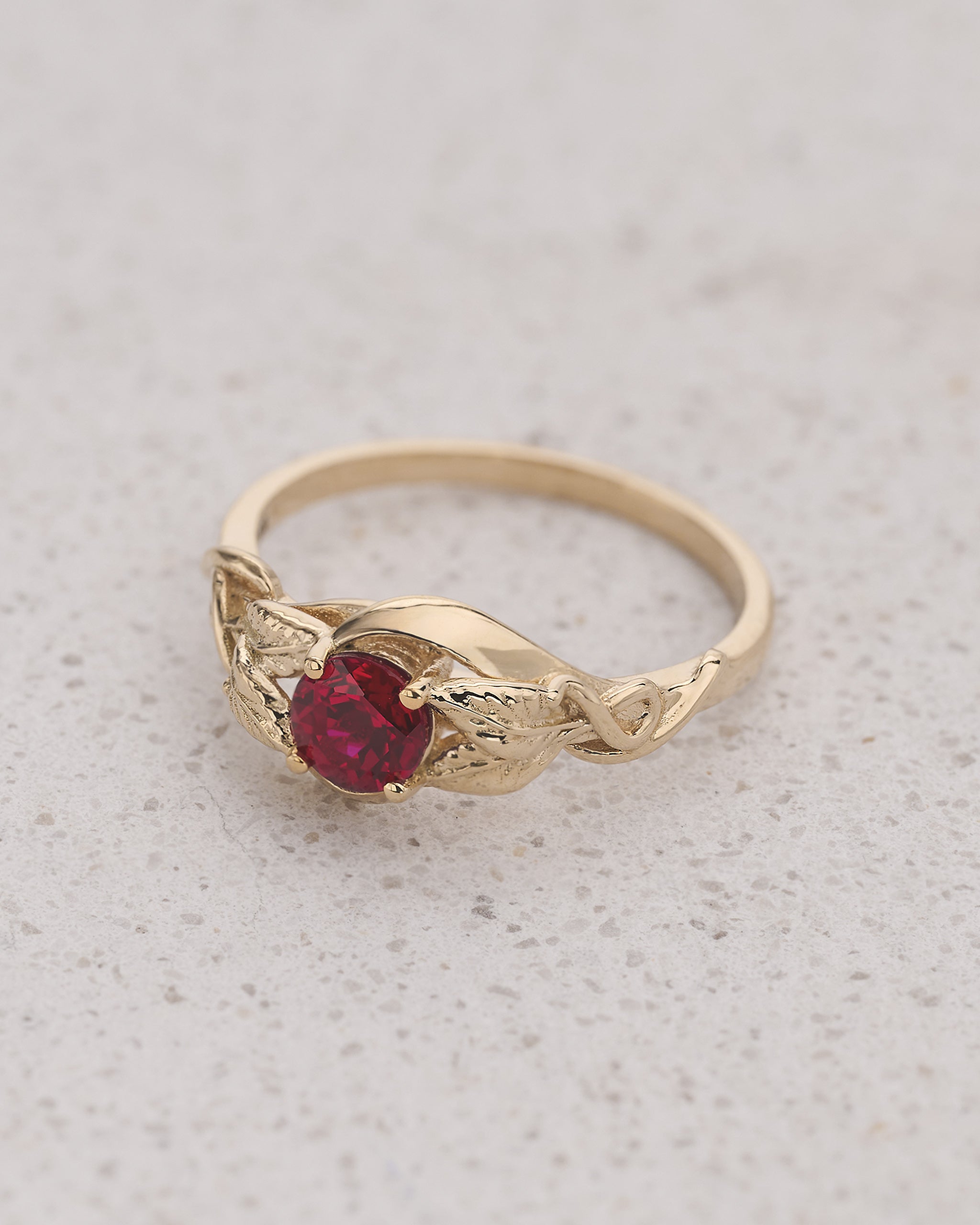 Engagement Ring with Round Ruby Embraced by Golden Leaves / Azalea - Eden Garden Jewelry™
