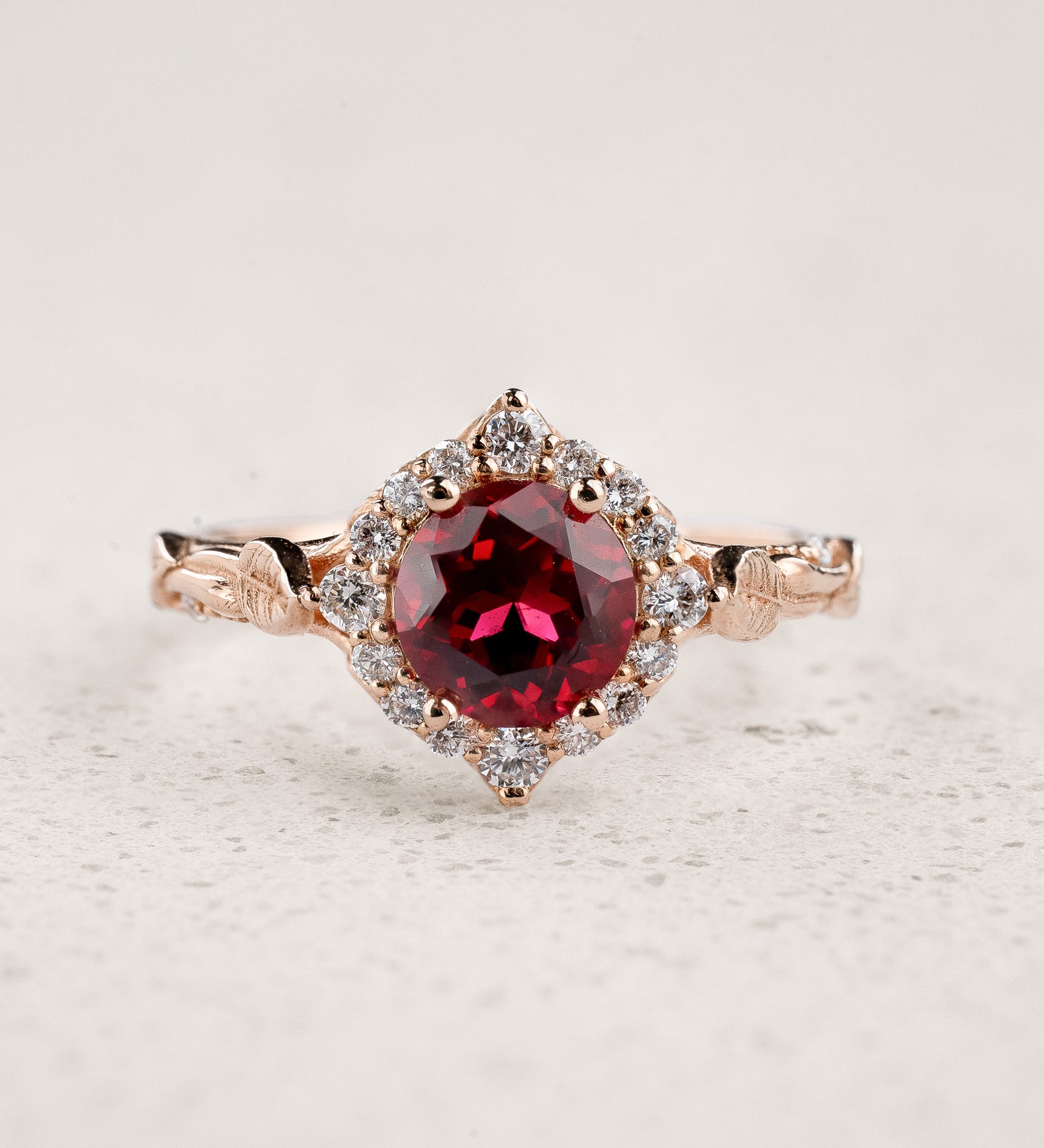 Bridal Set with Round (Lab-Grown) Ruby and Diamond Halo / Florentina - Eden Garden Jewelry™