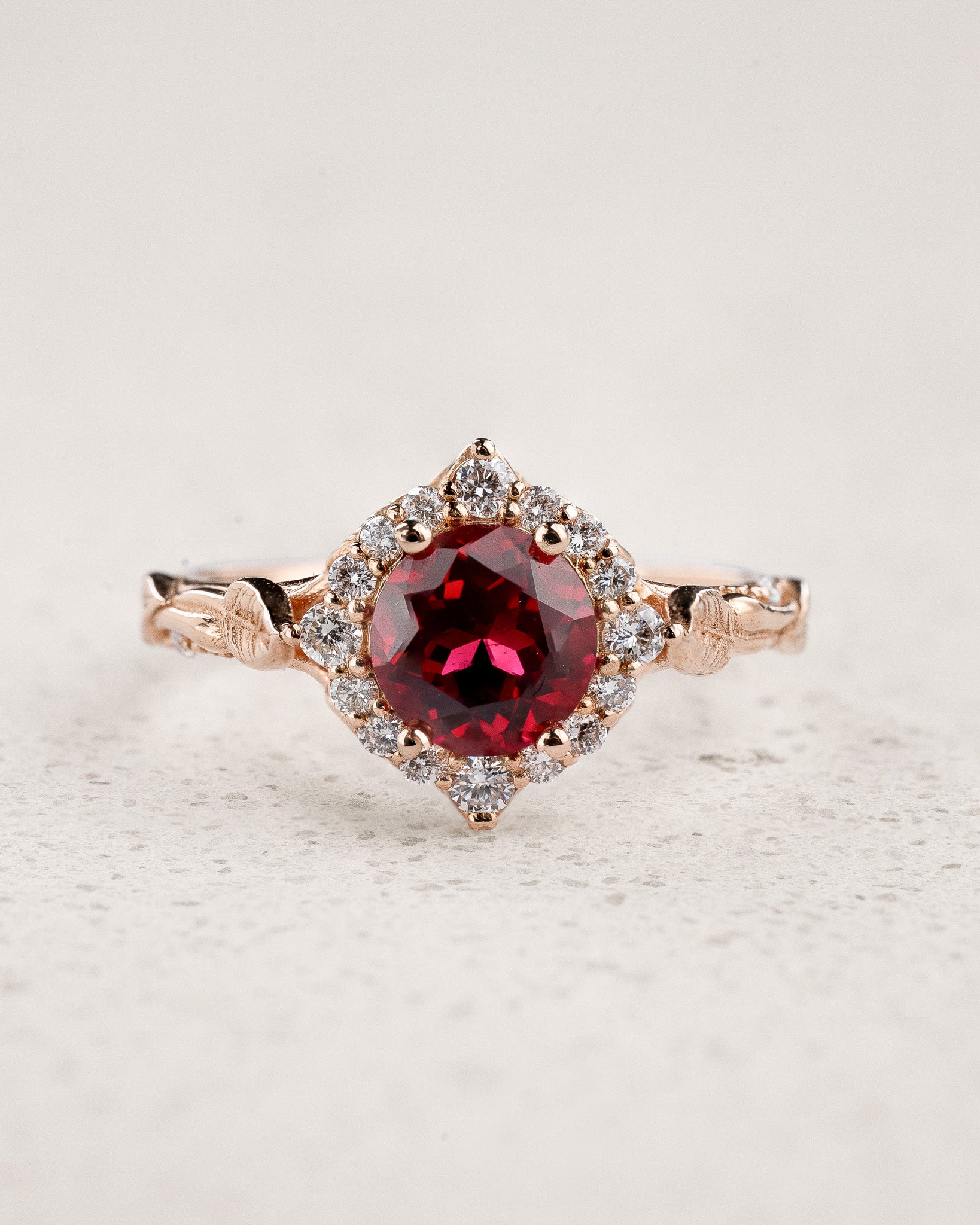 Bridal Set with Round (Lab-Grown) Ruby and Diamond Halo / Florentina - Eden Garden Jewelry™