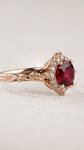 Engagement Ring with Round Ruby & Rich Diamond Halo / Florentina - Eden Garden Jewelry™