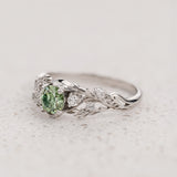 READY TO SHIP: Japanese Maple ring with round lab-grown green diamond, 14K white gold, AVAILABLE RING SIZES: 5.5 - 8.5 US