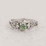 READY TO SHIP: Japanese Maple ring with round lab-grown green diamond, 14K white gold, AVAILABLE RING SIZES: 5.5 - 8.5 US