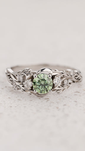 READY TO SHIP Japanese Maple ring with round lab-grown green diamond, 14K white gold, AVAILABLE RING SIZES: 5.5 - 8.5 US - Eden Garden Jewelry™