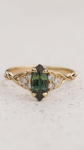 READY TO SHIP Gloria ring with marquise-cut natural teal sapphire, 14K yellow gold, AVAILABLE RING SIZES: 5.5 - 8.5 US - Eden Garden Jewelry™