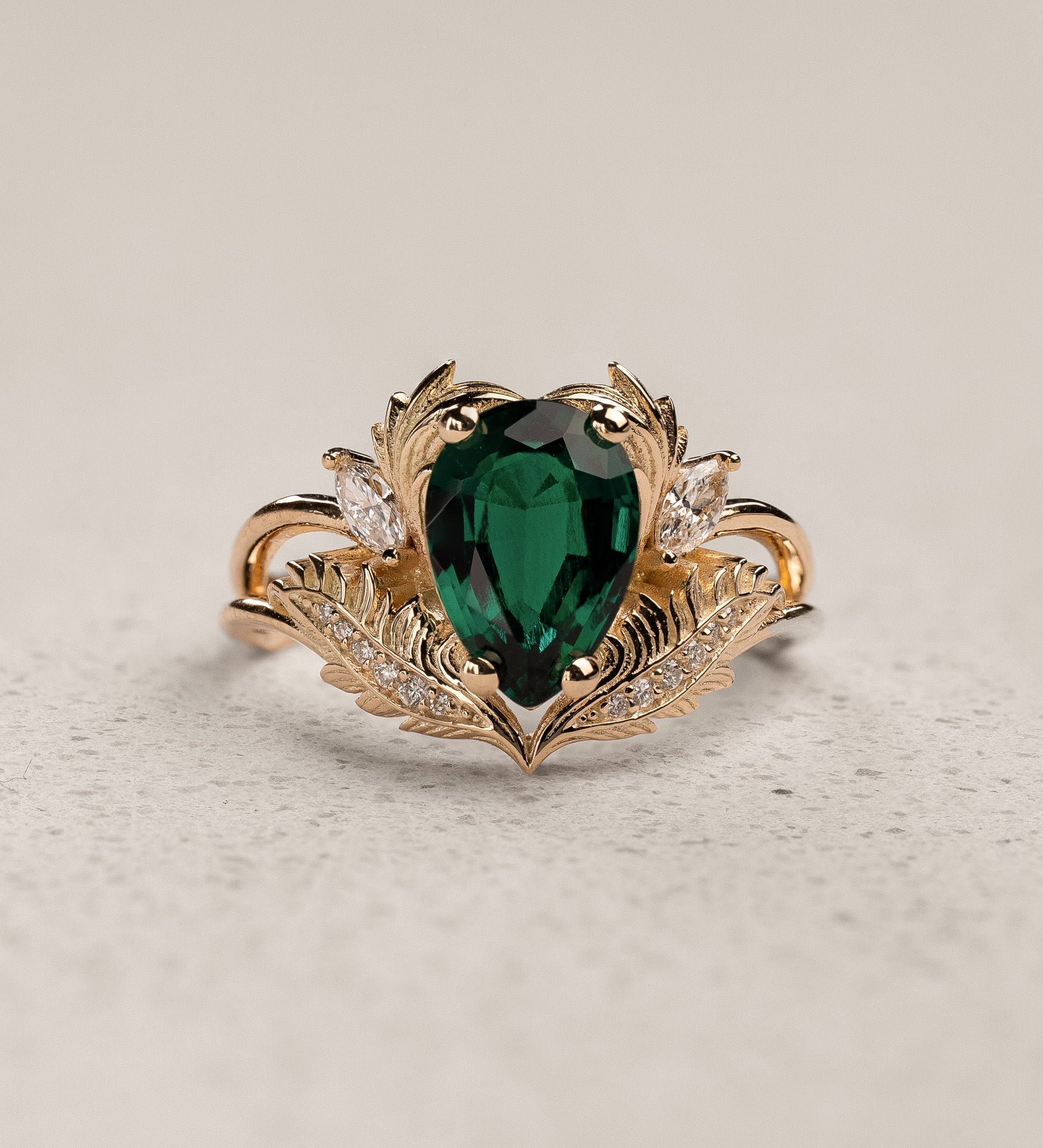 Bridal Set with Pear-Cut Emerald Engagement Ring and Curved Matching Band / Adonis - Eden Garden Jewelry™