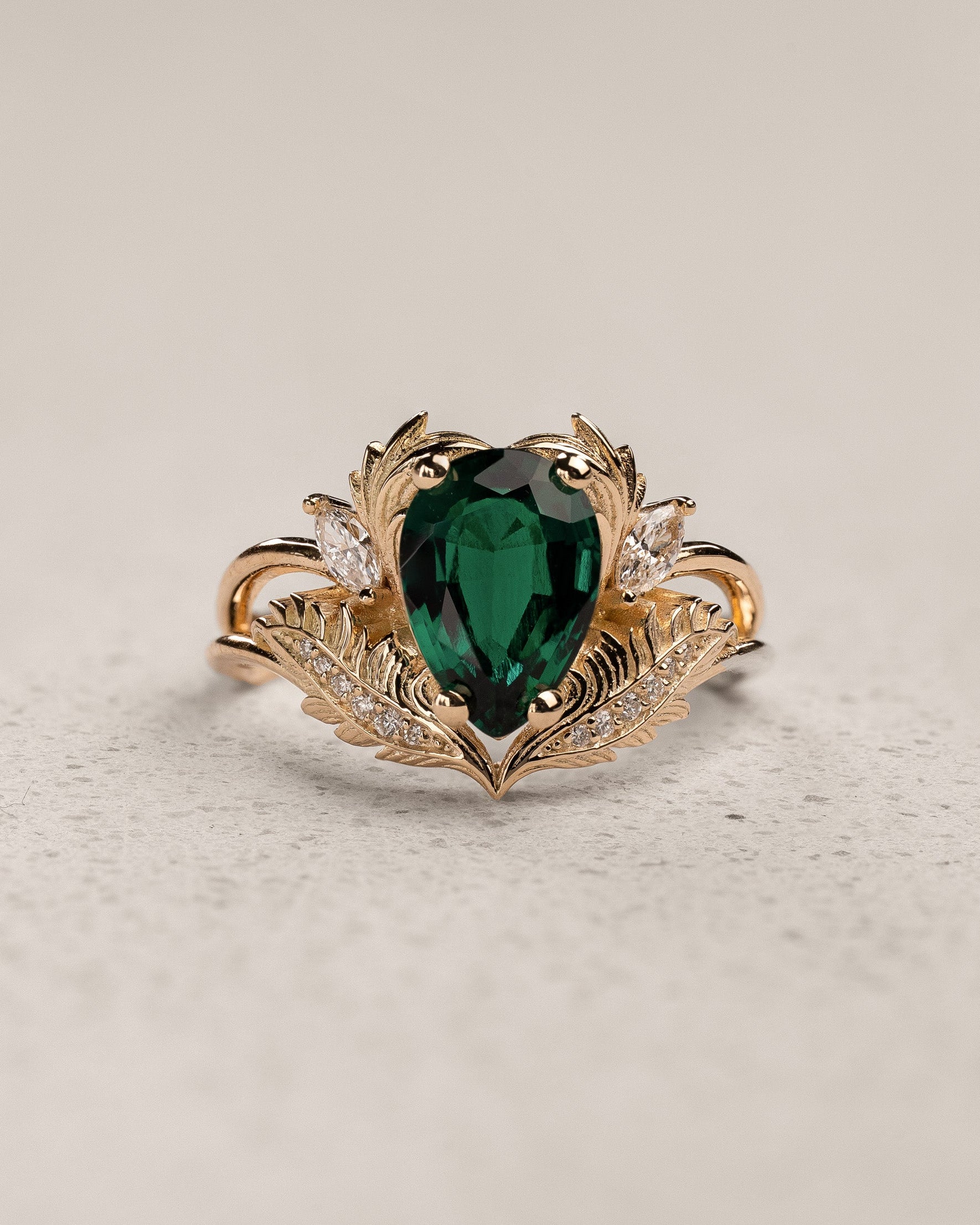 Bridal Set with Pear-Cut Emerald Engagement Ring and Curved Matching Band / Adonis - Eden Garden Jewelry™