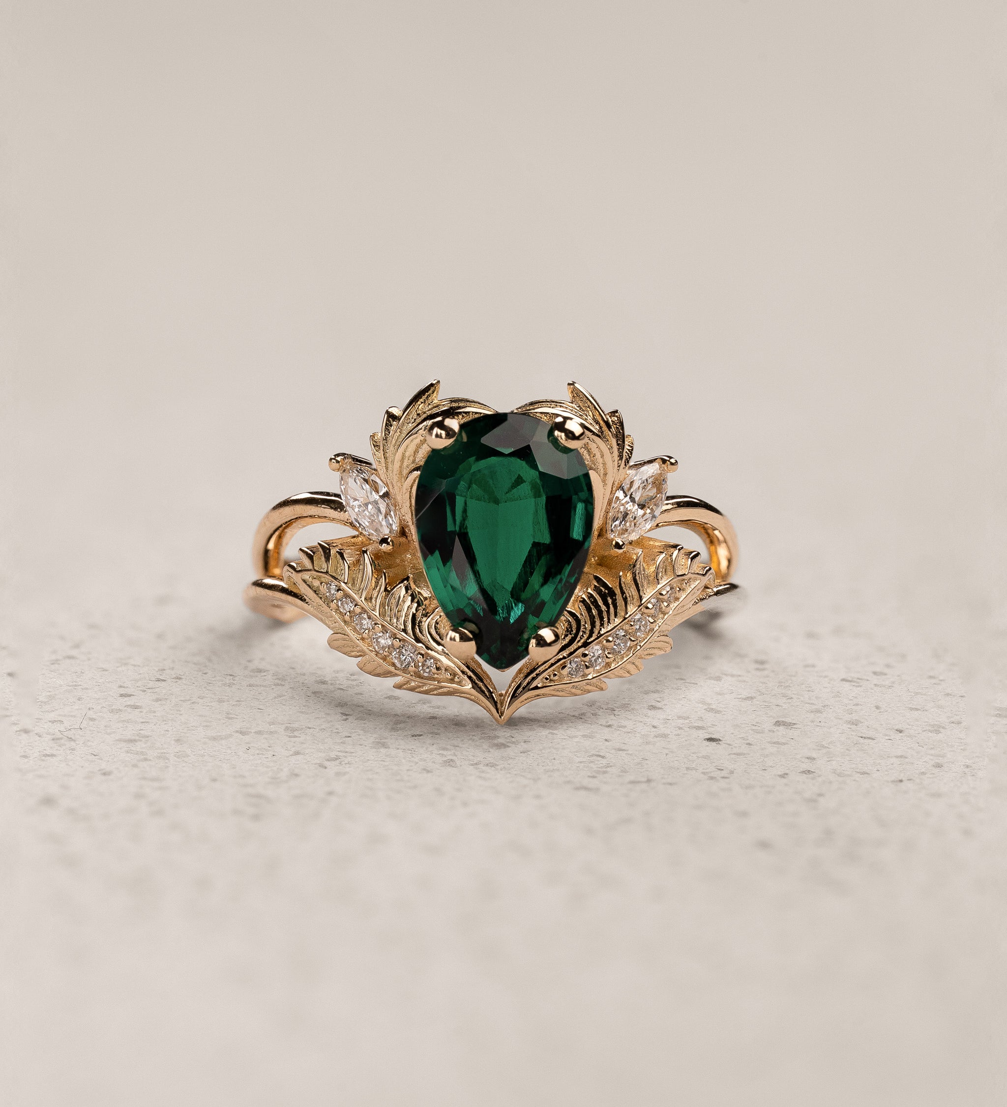 Bridal Set with Pear-Cut Emerald Engagement Ring and Curved Matching Band / Adonis - Eden Garden Jewelry™