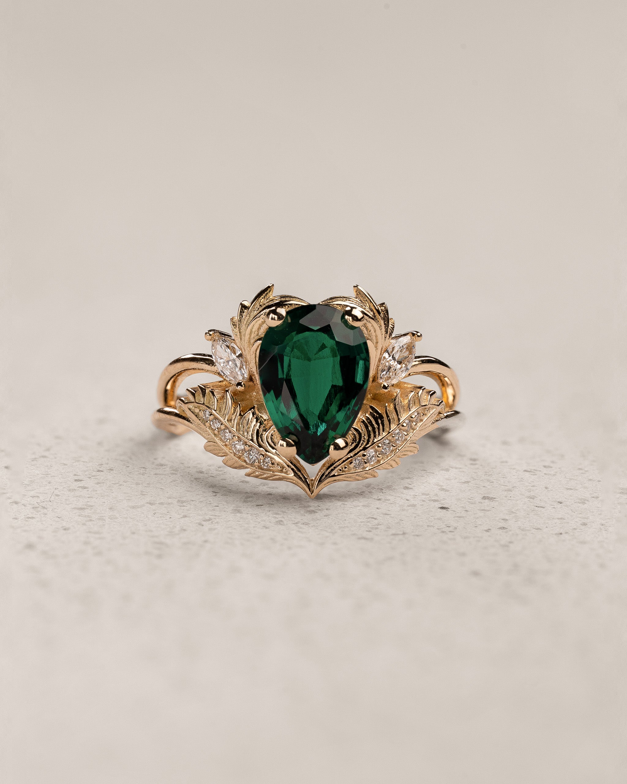 Bridal Set with Pear-Cut Emerald Engagement Ring and Curved Matching Band / Adonis - Eden Garden Jewelry™