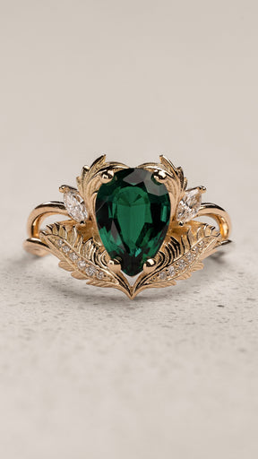 Bridal Set with Pear-Cut Emerald Engagement Ring and Curved Matching Band / Adonis - Eden Garden Jewelry™