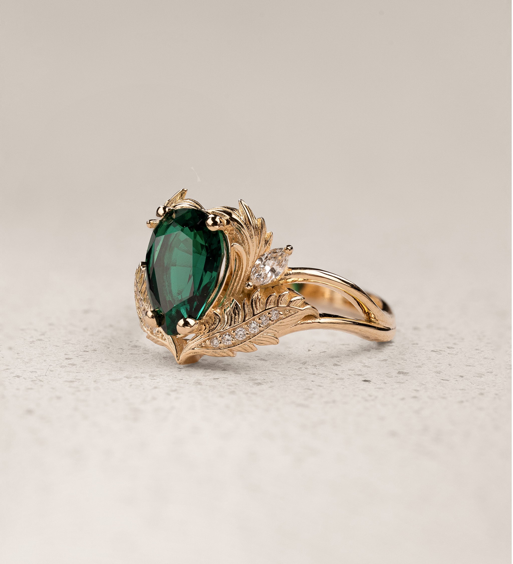 Bridal Set with Pear-Cut Emerald Engagement Ring and Curved Matching Band / Adonis - Eden Garden Jewelry™