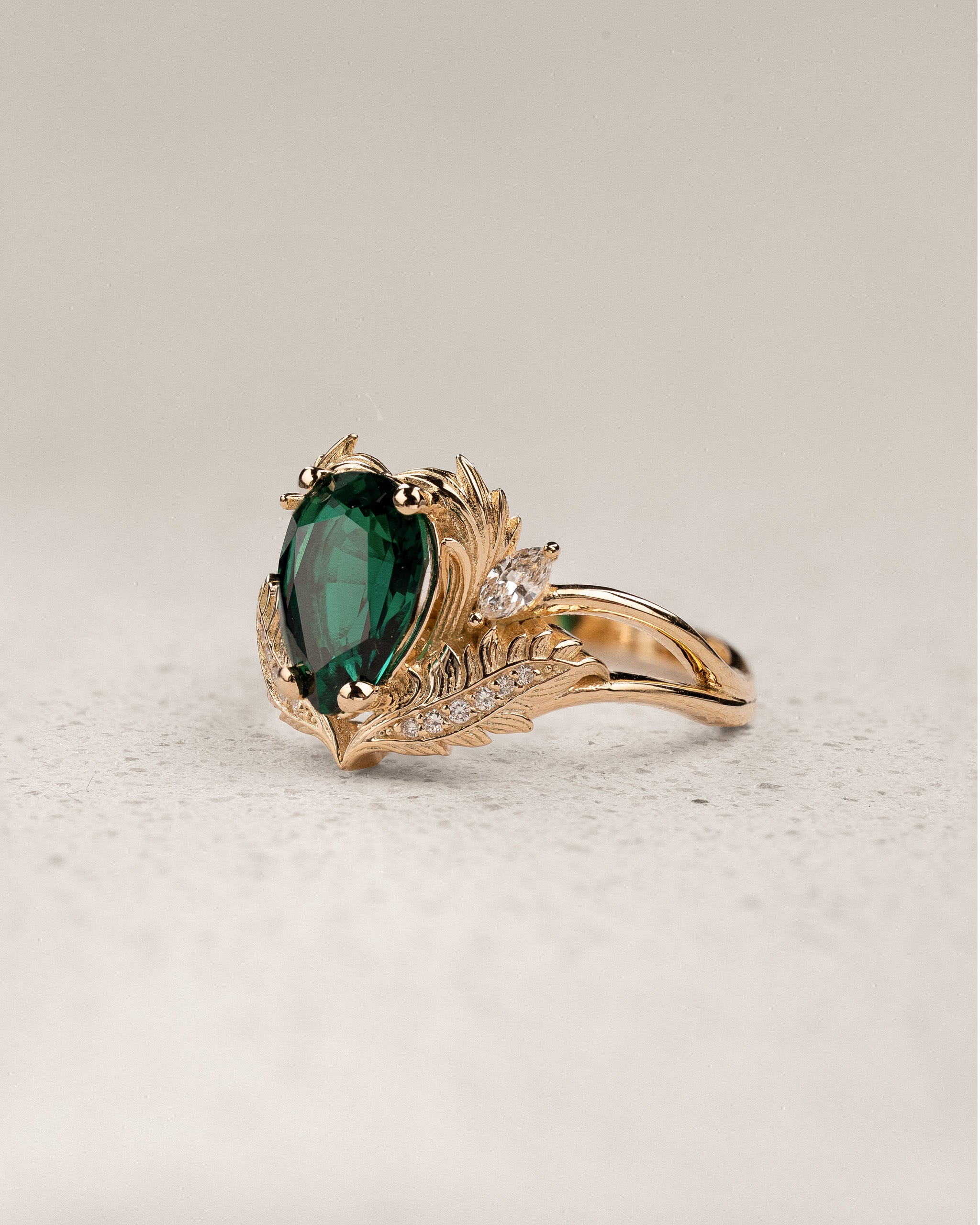 Bridal Set with Pear-Cut Emerald Engagement Ring and Curved Matching Band / Adonis - Eden Garden Jewelry™