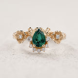 Floral Engagement Ring with Pear-Cut Emerald in Half-Halo Version / Adelina - Eden Garden Jewelry™