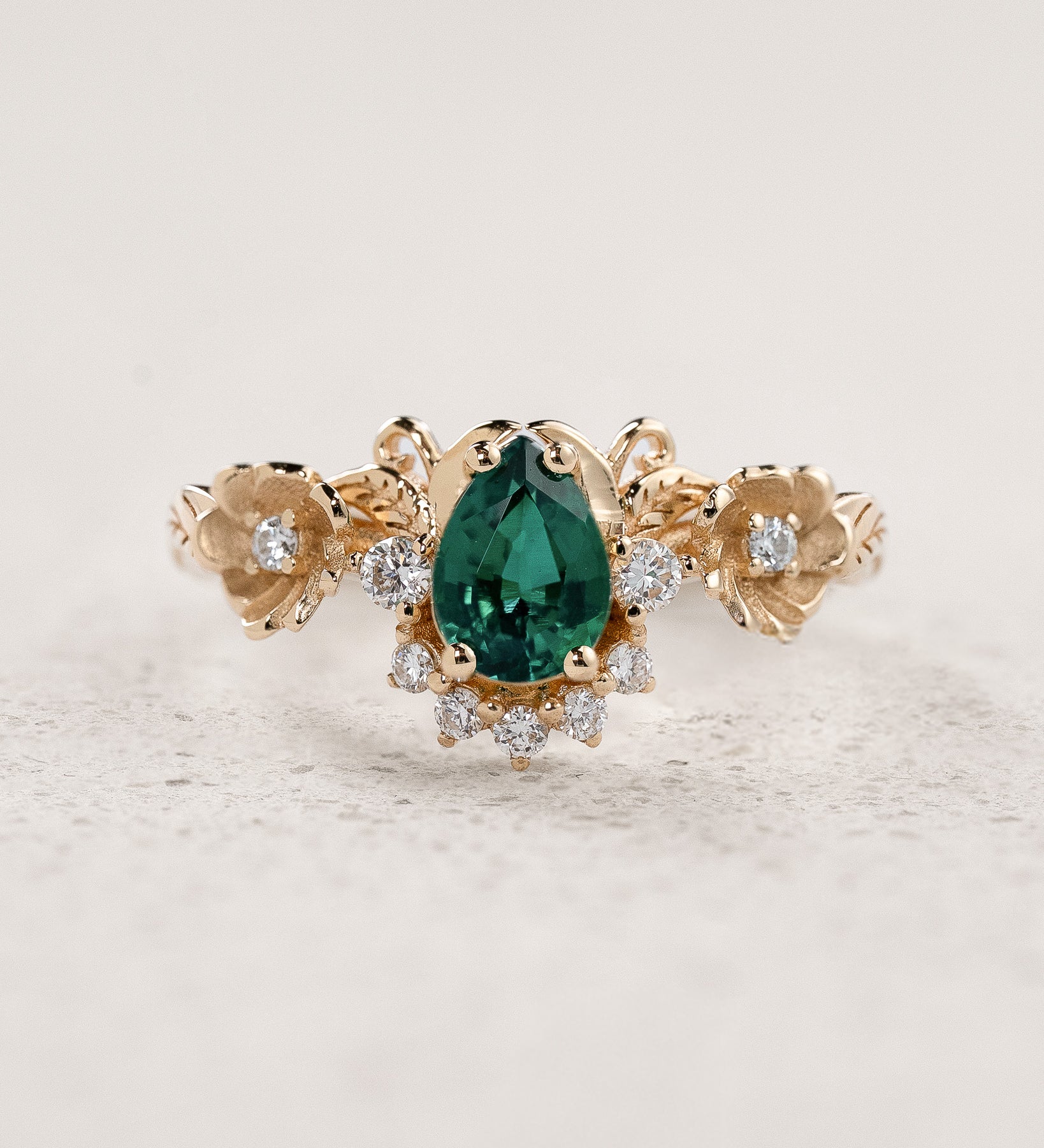Floral Engagement Ring with Pear-Cut Emerald in Half-Halo Version / Adelina - Eden Garden Jewelry™