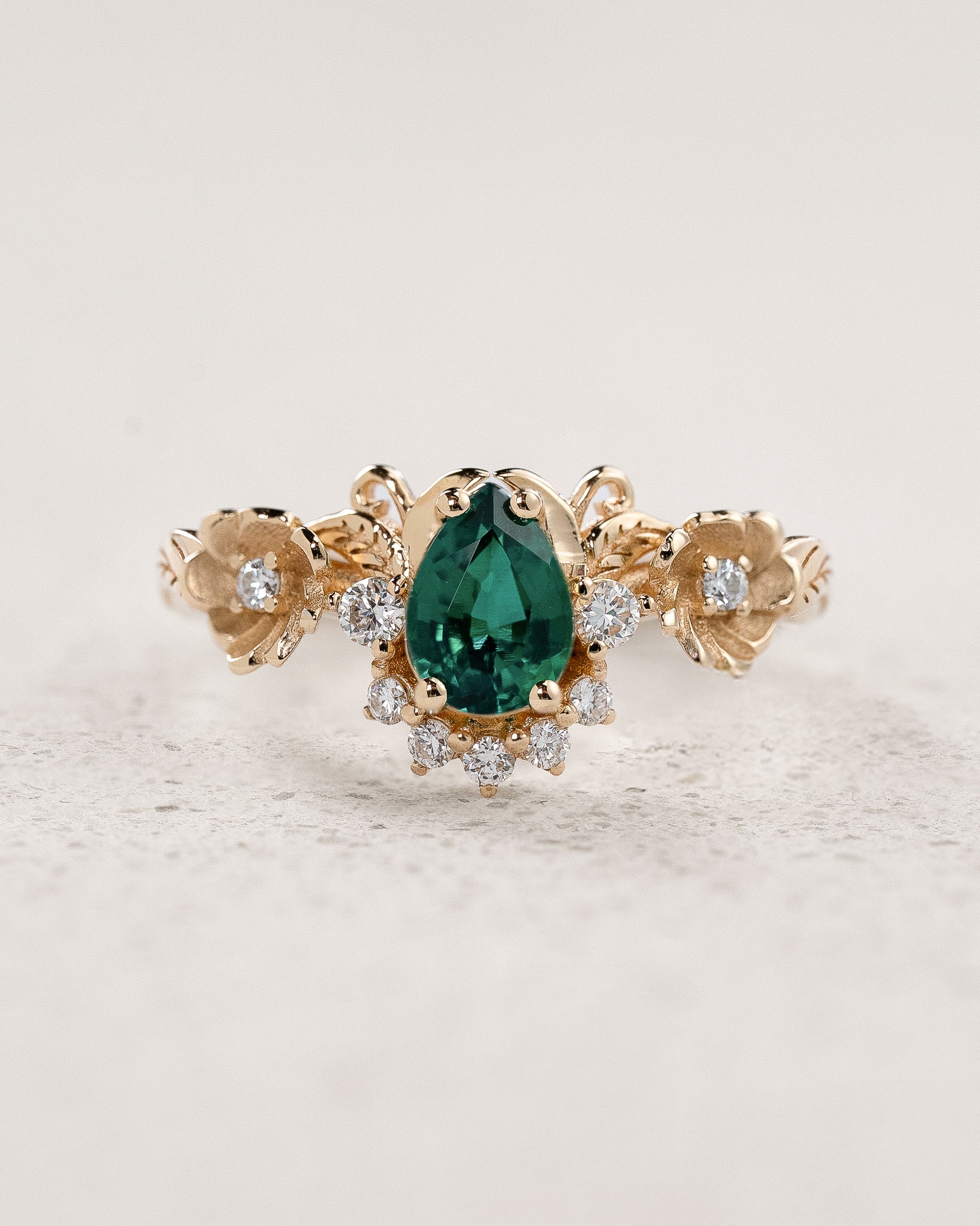 Floral Engagement Ring with Pear-Cut Emerald in Half-Halo Version / Adelina - Eden Garden Jewelry™