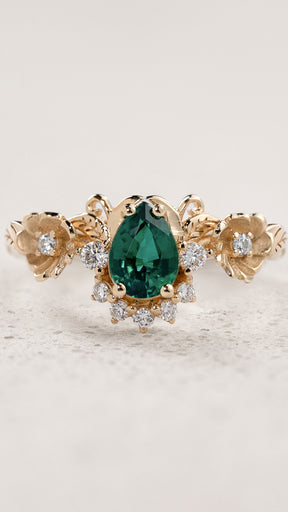 Floral Engagement Ring with Pear-Cut Emerald in Half-Halo Version / Adelina - Eden Garden Jewelry™