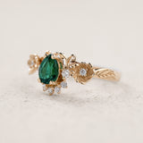 Floral Engagement Ring with Pear-Cut Emerald in Half-Halo Version / Adelina - Eden Garden Jewelry™