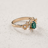 Floral Engagement Ring with Pear-Cut Emerald in Half-Halo Version / Adelina - Eden Garden Jewelry™
