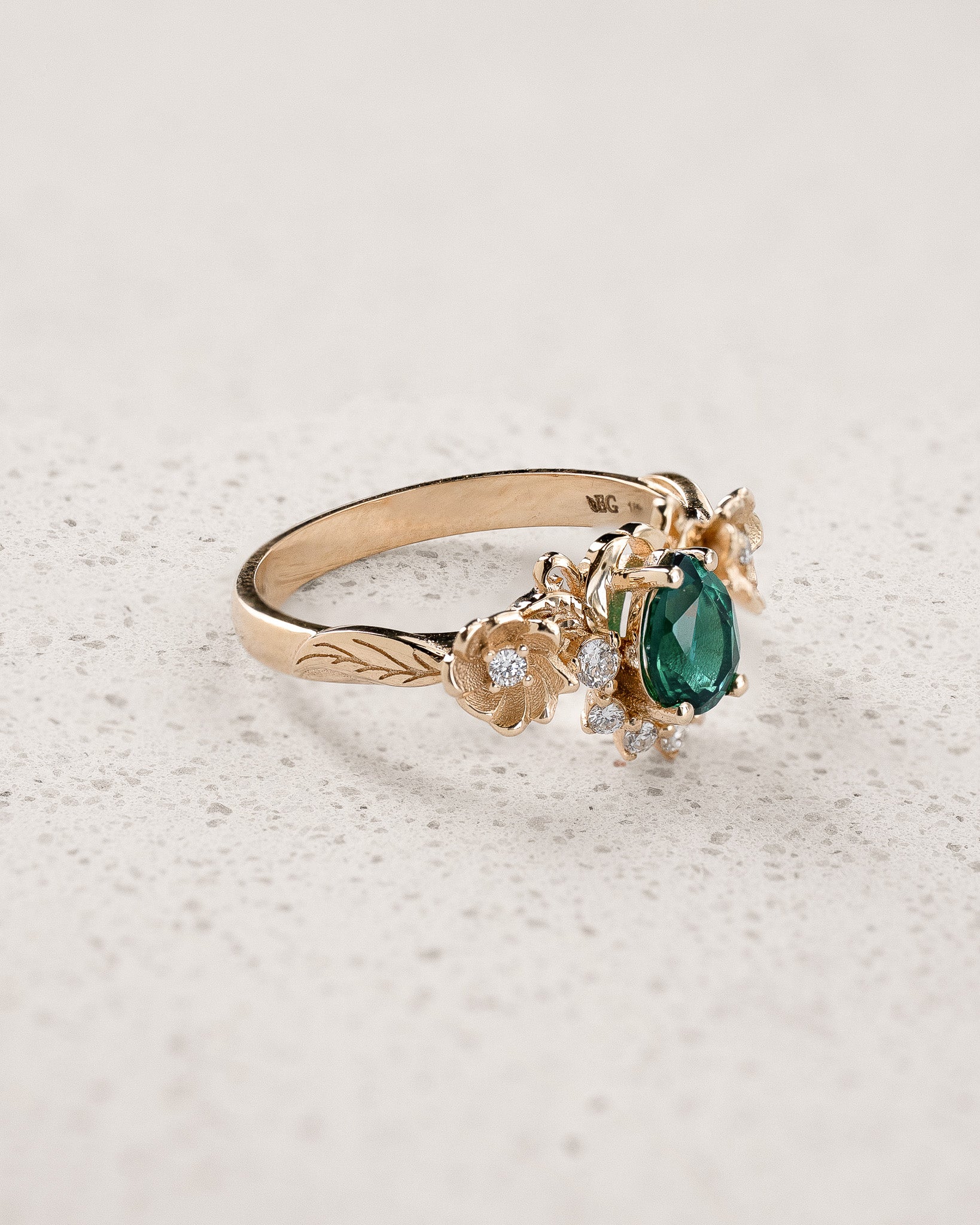 Floral Engagement Ring with Pear-Cut Emerald in Half-Halo Version / Adelina - Eden Garden Jewelry™