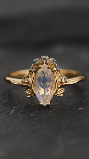 Flower-inspired Engagement Ring with Moonstone and Accent Aquamarines / Iris - Eden Garden Jewelry™