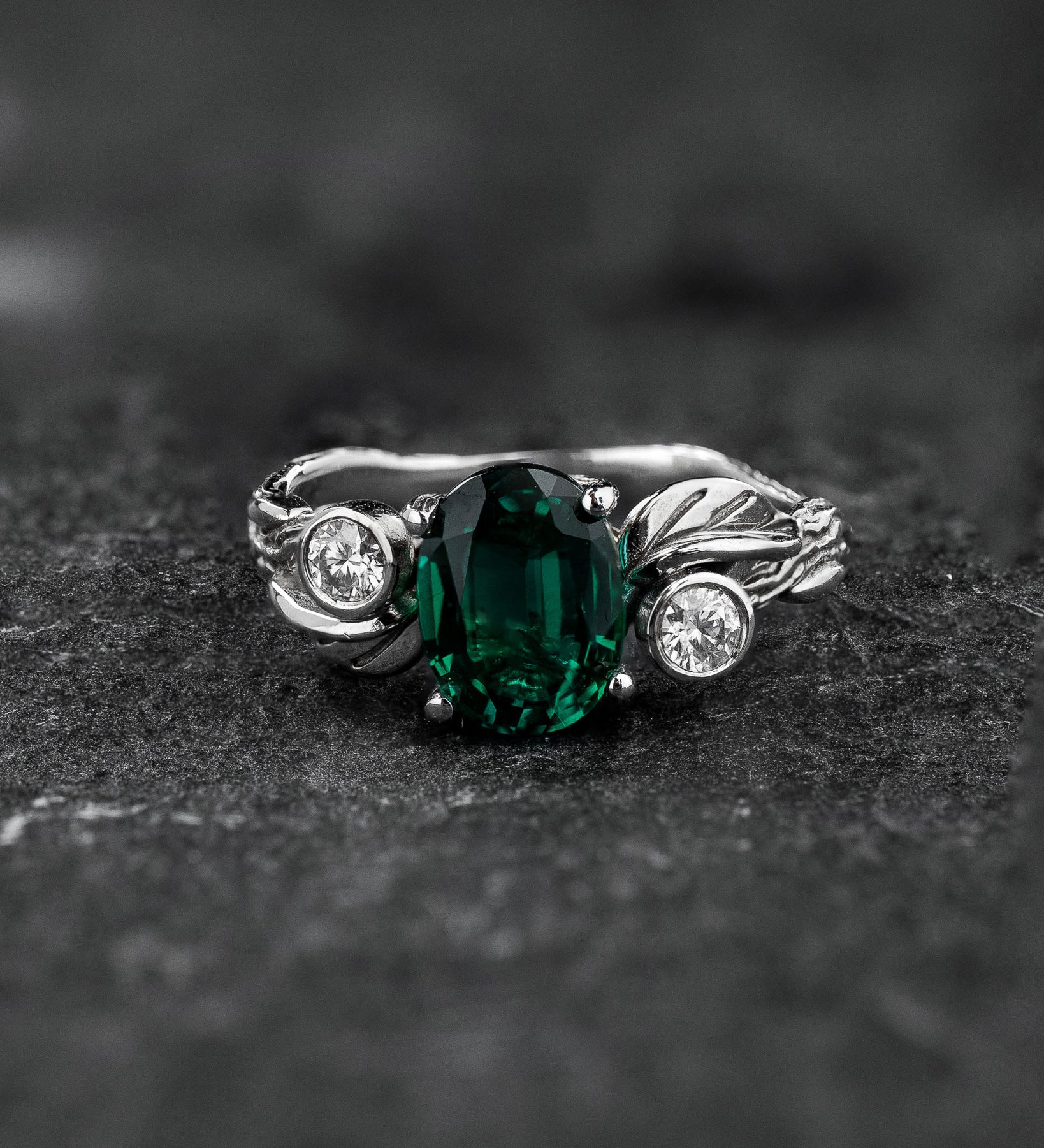 Forest-inspired Engagement Ring with Oval (Lab-grown) Emerald / Arius - Eden Garden Jewelry™