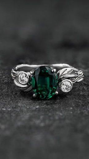 Forest-inspired Engagement Ring with Oval (Lab-grown) Emerald / Arius - Eden Garden Jewelry™