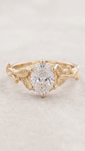 Solid gold leaves ring with lab grown diamond, nature engagement ring / Freesia - Eden Garden Jewelry™