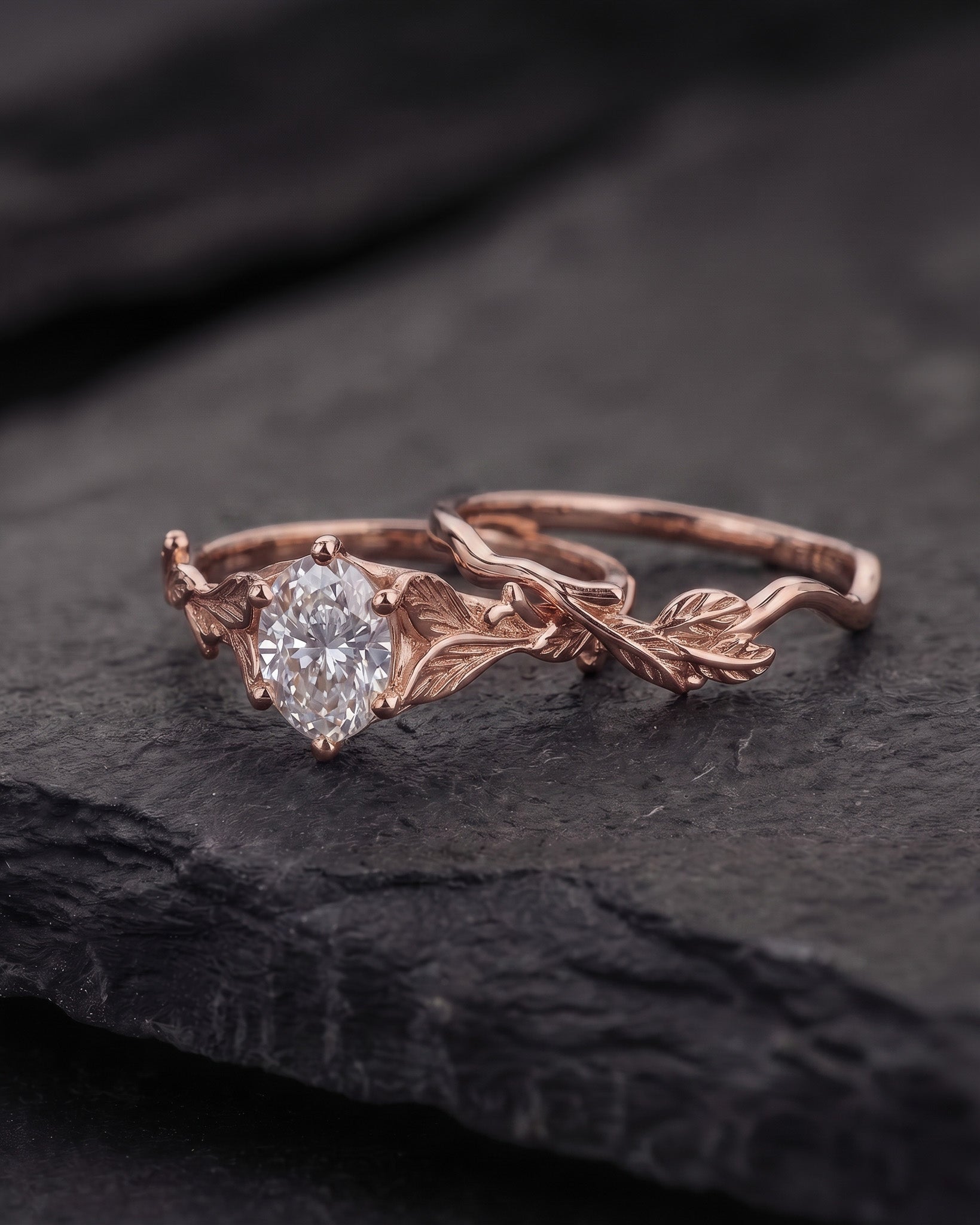 Lab grown diamond leaf engagement bridal set / Freesia - Eden Garden Jewelry™