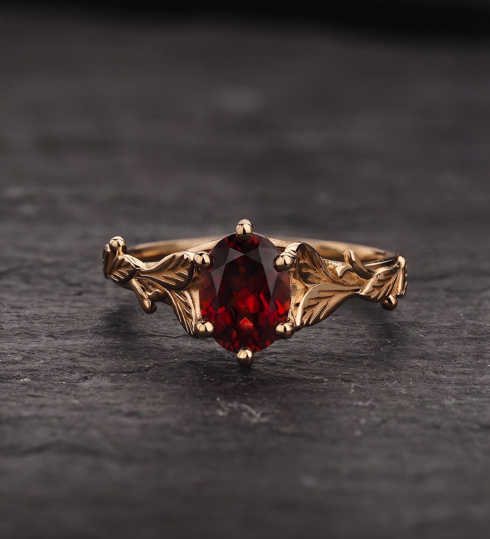 READY TO SHIP Freesia ring in 14K yellow gold, natural garnet 8x6 mm oval cut, RING SIZE 5.5 - 8.5 US - Eden Garden Jewelry™