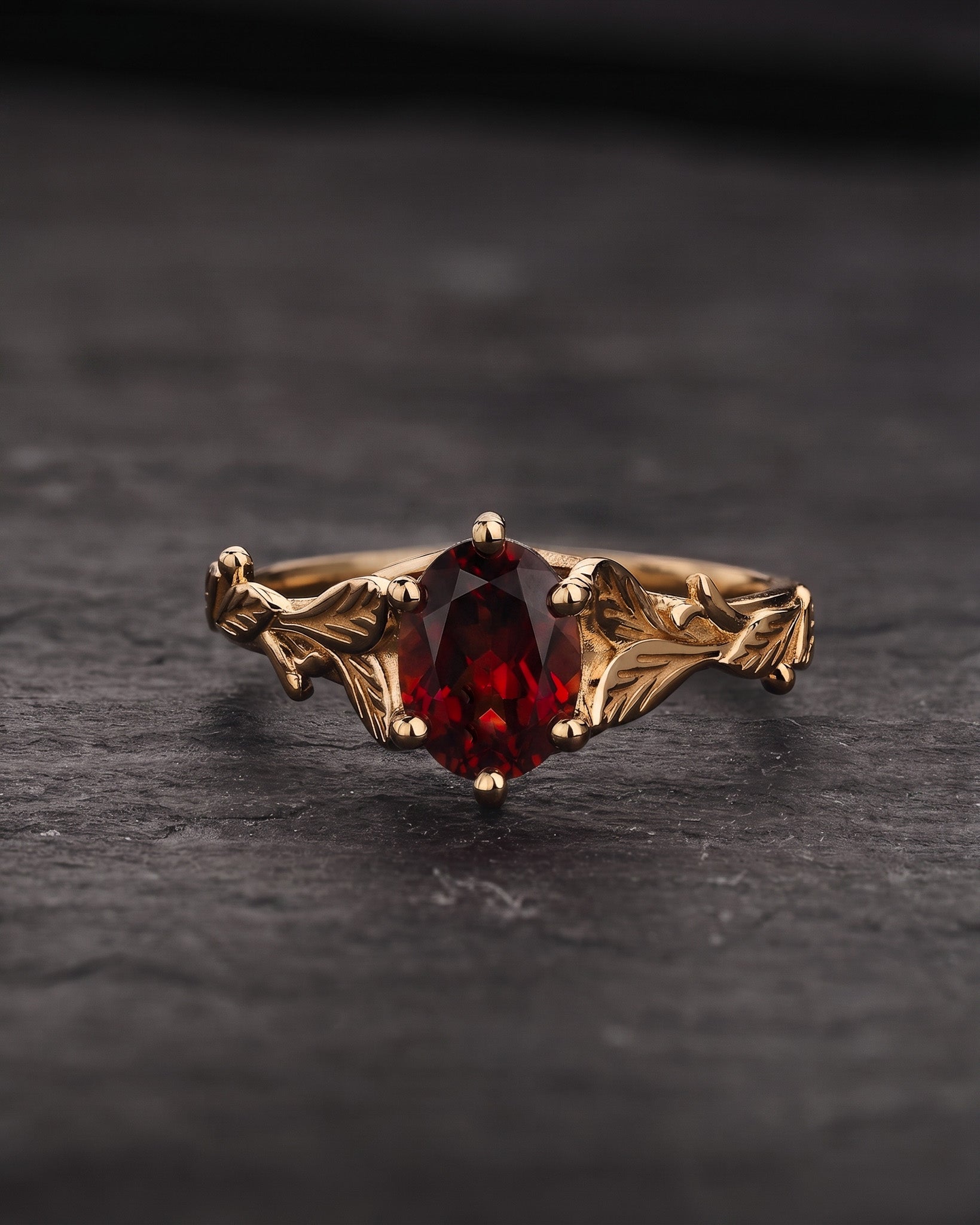 READY TO SHIP Freesia ring in 14K yellow gold, natural garnet 8x6 mm oval cut, RING SIZE 5.5 - 8.5 US - Eden Garden Jewelry™