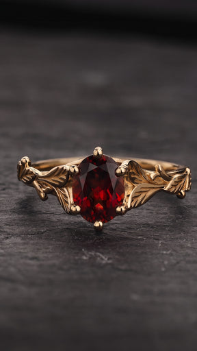 READY TO SHIP Freesia ring in 14K yellow gold, natural garnet 8x6 mm oval cut, RING SIZE 5.5 - 8.5 US - Eden Garden Jewelry™