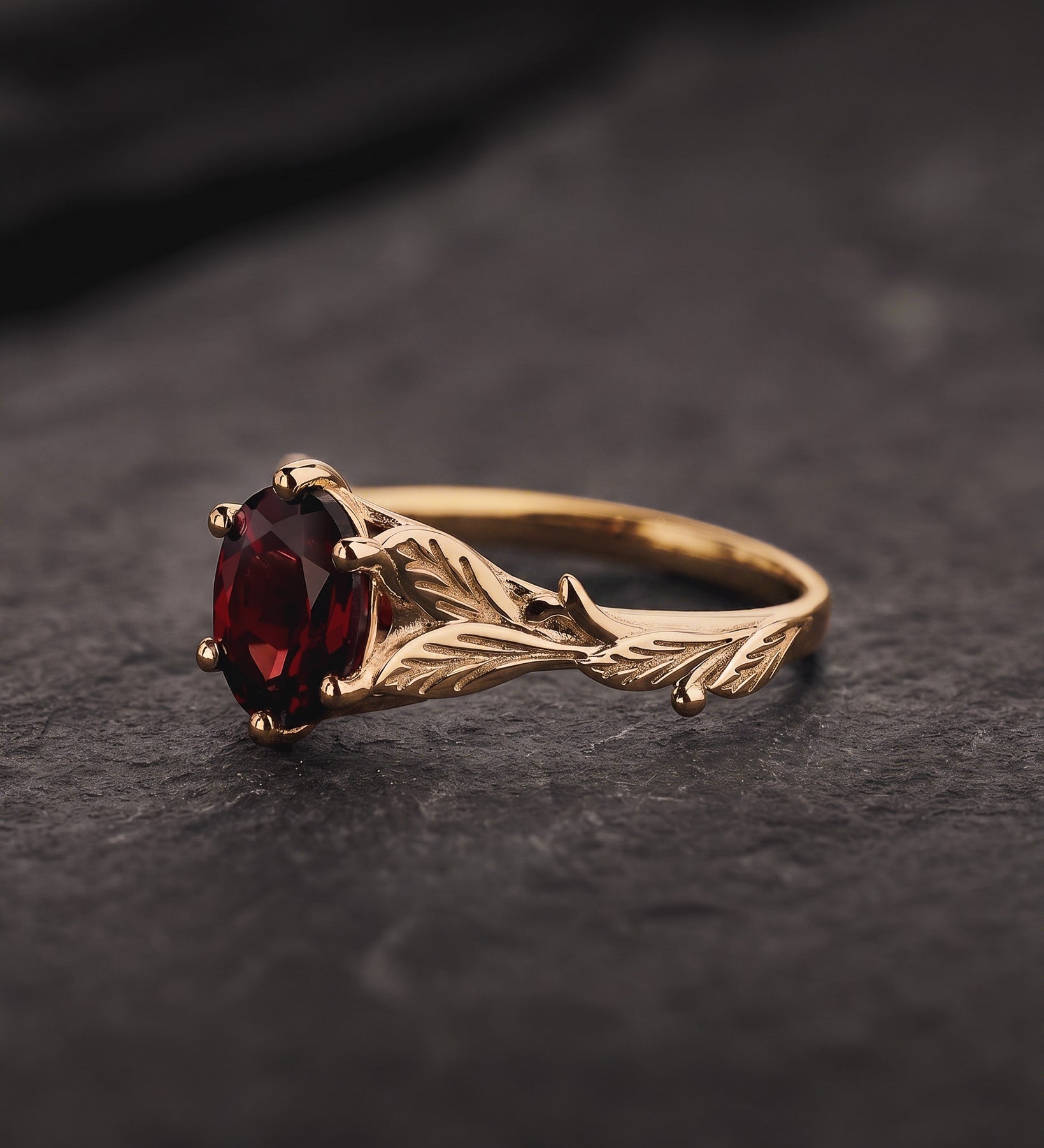 READY TO SHIP Freesia ring in 14K yellow gold, natural garnet 8x6 mm oval cut, RING SIZE 5.5 - 8.5 US - Eden Garden Jewelry™