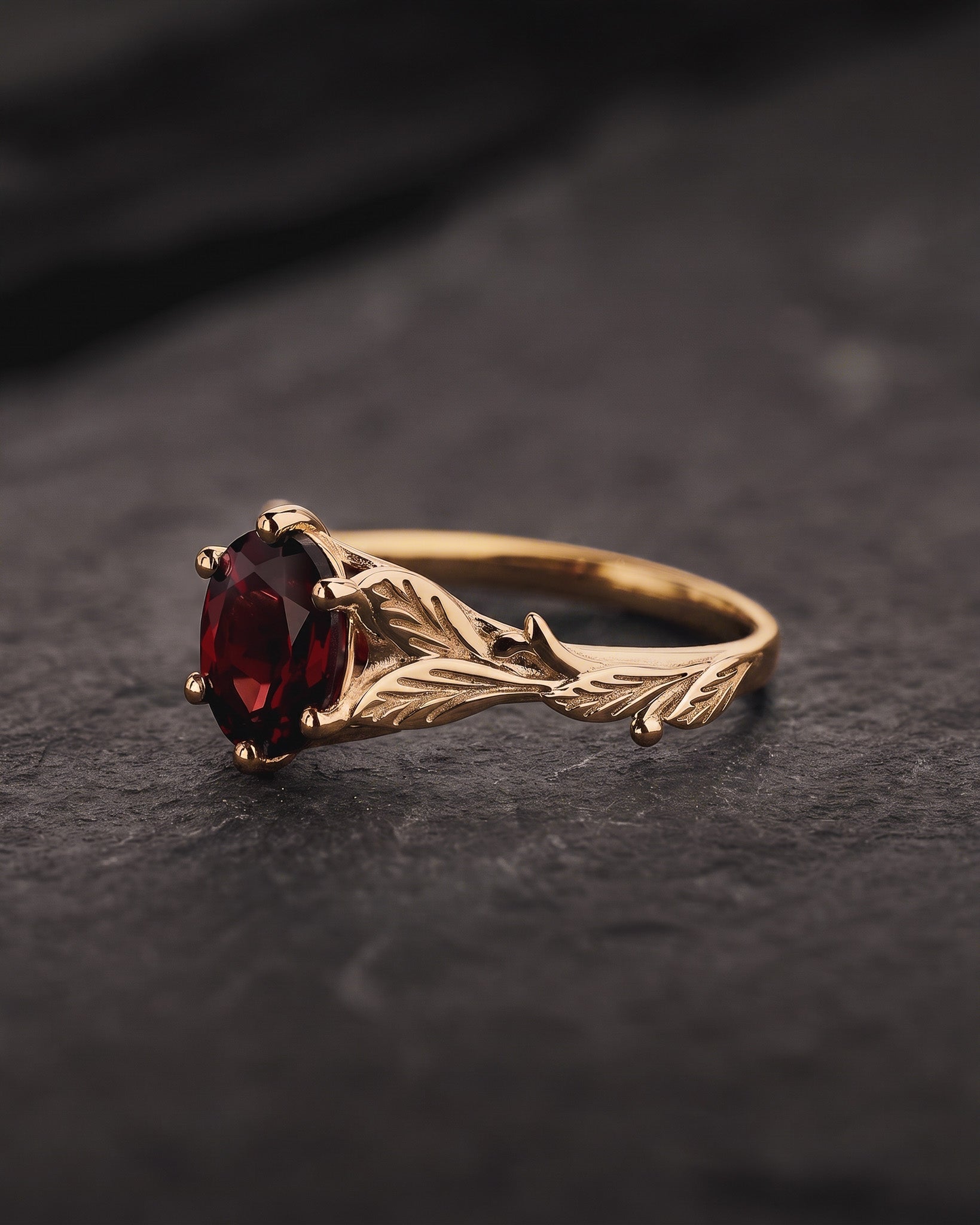 READY TO SHIP Freesia ring in 14K yellow gold, natural garnet 8x6 mm oval cut, RING SIZE 5.5 - 8.5 US - Eden Garden Jewelry™