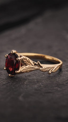 READY TO SHIP Freesia ring in 14K yellow gold, natural garnet 8x6 mm oval cut, RING SIZE 5.5 - 8.5 US - Eden Garden Jewelry™