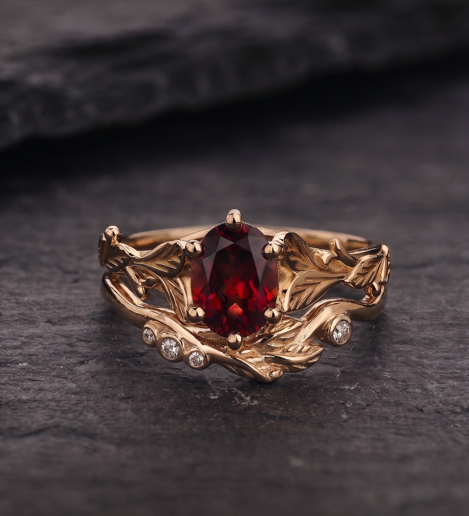 Garnet gold leaves engagement ring set, nature inspired bridal ring set / Freesia - Eden Garden Jewelry™