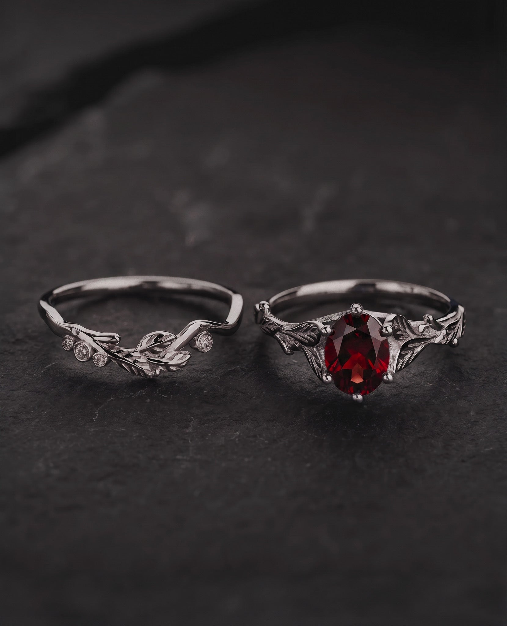 Garnet gold leaves engagement ring set, nature inspired bridal ring set / Freesia - Eden Garden Jewelry™